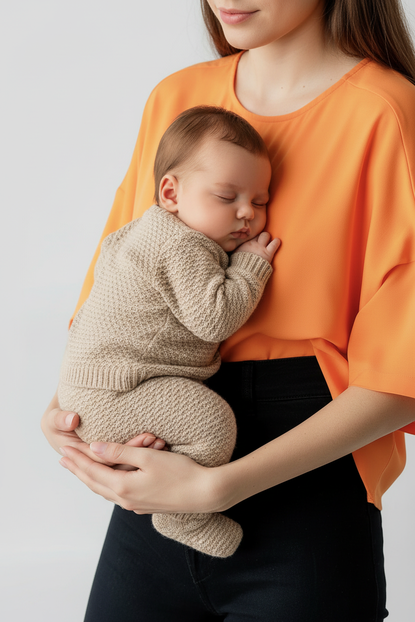 Bébé en ensemble maille beige avec maman
